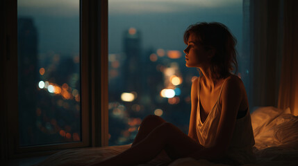 A moment of quiet reflection before sleep.	A woman is sitting on the edge of her bed in a dimly lit room, looking out the window thoughtfully before going to sleep.

