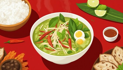 Colorful Thai street food scene with green noodle dish in white bowl. Fried noodles, orange oil, orange fruit, and bread slices accompany dish. Noodle bowl garnished with green leaves.