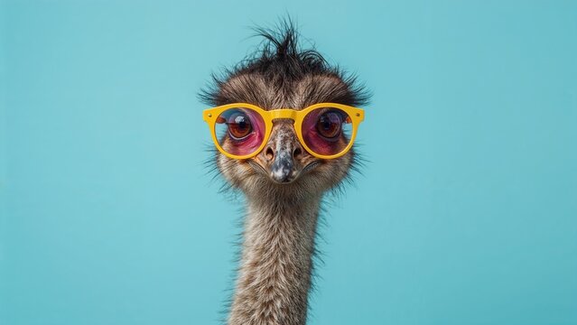 Displaying grey-brown feathers, ostrich wearing big yellow-framed sunglasses at pastel blue studio - Powered by Adobe