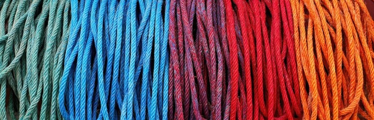 Distinct ropes in colorful arrangement forming circle pattern. Ropes in gradient colors from blue to red, black to brown, vary in brand Hartsun, Westinghouse, Zena. Colorful ropes create depth,