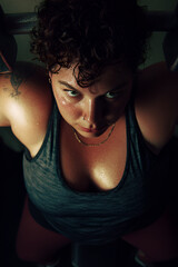 Sweaty plus-sized woman lifting weights with fierce focus in gym, empowering and intense fitness portrait for health and body positivity themes