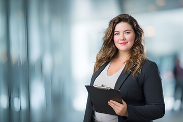 Confident plus-size businesswoman with clipboard in modern office, professional, approachable, soft corporate background, ideal for business, HR visuals. Cope space. managerwoman, leadership, smart
