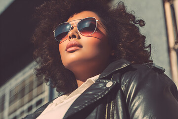 Young African-American woman in leather jacket and sunglasses looking upward, confident and stylish expression, urban backdrop, suitable for fashion editorials. selfexpression, trendy, sun