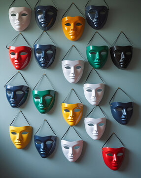 Mask wall and human figure &mdash; illustration symbolizing emotional exhaustion, self-deception, and mental struggle with impostor syndrome