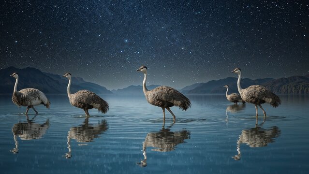 Standing five flightless waterbirds wading in lake under starry sky at night, reflecting ridges - Powered by Adobe