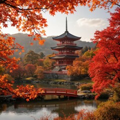 Ancient Yubun Pagoda in Kyoto, Japan stands tall amidst vibrant orange, red autumn leaves. Three-story structure with red roof, balcony at level, surrounded by trees, serene lake. Wooden bridge