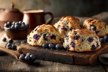 Four blueberry scones on a rustic wooden board, accompanied by fresh blueberries and a ceramic mug of tea