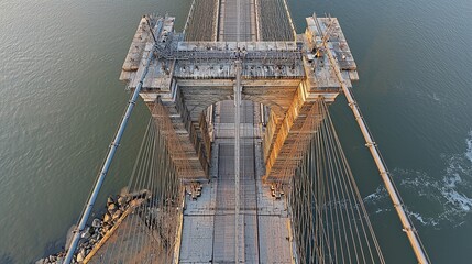 Bridge architectural contrast historic suspension bridge Gothic Revival towers modern cable system geometric wire patterns stone masonry aerial perspective
