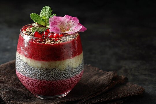 Layered chia seed pudding parfait with raspberry, banana, and pomegranate seeds, garnished with mint and edible flower