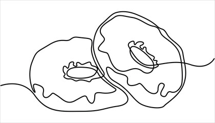
Single one line drawing fresh donuts. World food day concept. Abstract dessert sweet donut with frosting, donut icon logo. continuous line drawing of sweet tasty donut. vector illustration