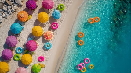 A vibrant beach scene with colorful umbrellas and inflatable rings, no people, captured from a drone view under clear blue skies