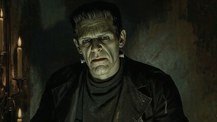 Gazing Frankenstein monster wearing dark coat in gothic lab, with candle stand holding five candles