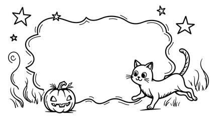 Fototapeta premium Halloween frame with ghost cat and stars – Cute coloring book design for kids