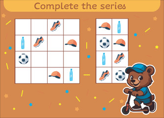 A "Complete the Series" logic puzzle for kids, featuring sports items (shoe, cap, soccer ball, water bottle) on an orange background with a cartoon bear. Vector template, ideal for education