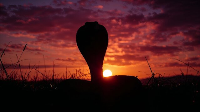 Coiling silhouette cobra snake raising hood among grass blades on plain at sunset, with glowing sky
