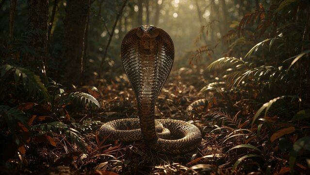 Coiling king cobra spreading hood on forest floor, with sunlight filtering through canopy - Powered by Adobe
