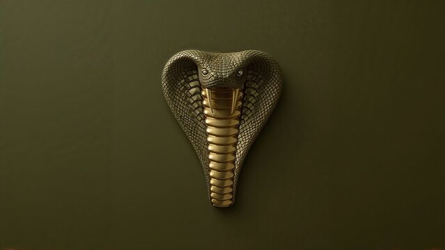 Displaying metallic cobra head sculpture standing out in studio, featuring olive green backdrop