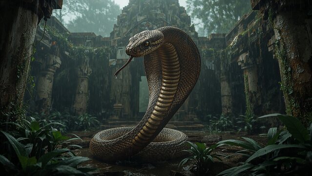 Defending large cobra snake raising hood on wet stone temple floor, with mossy columns and vines