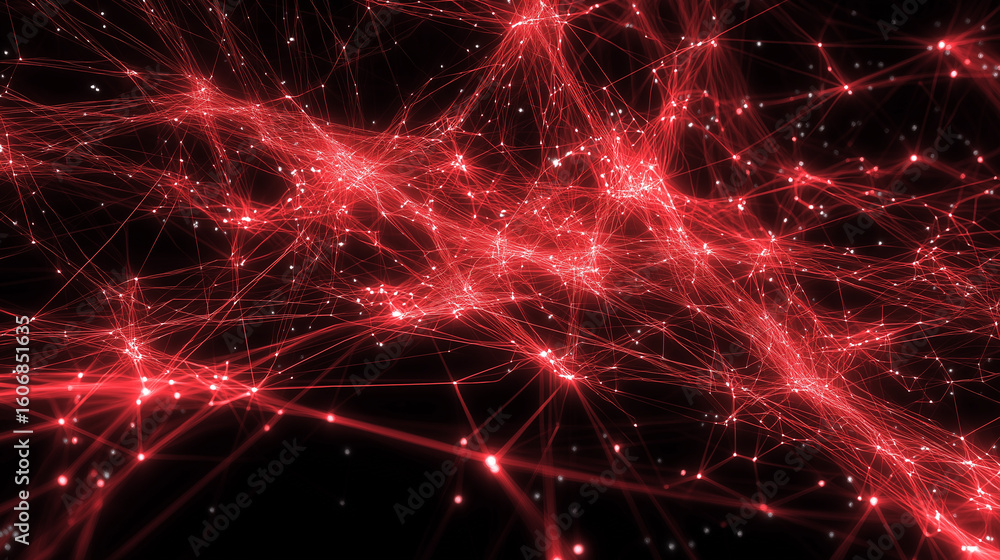 Poster red digital network: abstract connection, technology background and deep learning