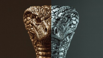 Showcasing metallic cobra head sculpture with bronze left and silver right finishes at studio