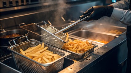 Chef preparing crispy french fries in a commercial deep fryer