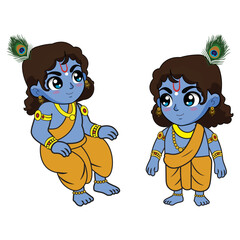 Cute Cartoon Young Lord Krishna Character Set