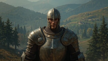 Surveying knight wearing steel helmet, chainmail coif, breastplate and pauldrons in mountain valley