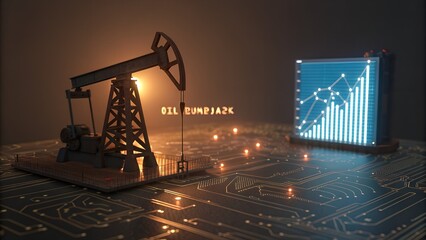 Oil pumpjack and digital stock market graph on a circuit board
