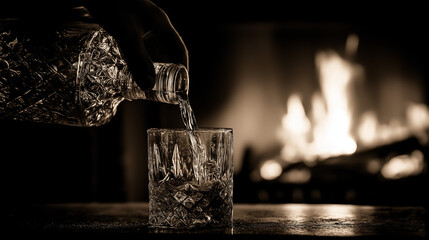 Whiskey Pour Near Fireplace Creates Relaxing and Sophisticated Atmosphere
