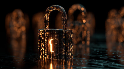 Digital Padlock Security Concept with Binary Code Displaying on Black Background