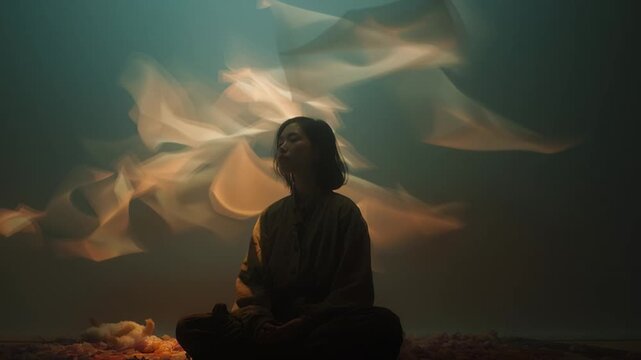 Meditative practice in a tranquil setting with flowing light and soft textures