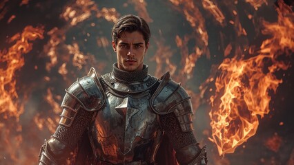 Fototapeta premium Armored knight standing at fiery field, wearing star breastplate, pauldrons and chainmail sleeves