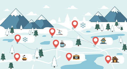 Winter Travel Map Illustration: Explore Snowy Mountains with Pin Markers, Trees, and Cozy Destination