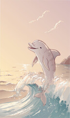 In a soft, pastel-toned seascape, a pencil sketch captures the playful charm of a cute dolphin leaping gracefully through gentle waves.