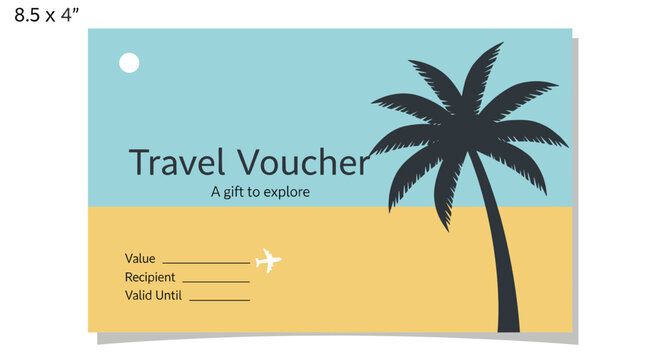 Travel Voucher Design: Tropical Beach Scene with Palm Tree, Gift Certificate, Holiday Concept