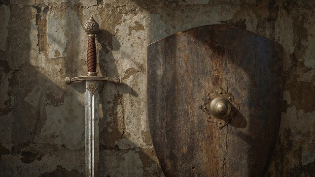 Standing medieval broadsword and wooden shield leaning on castle hall wall, showing aged textures