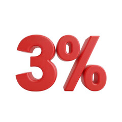 Vibrant three percent symbol rendered in a striking red hue isolated on transparent surface