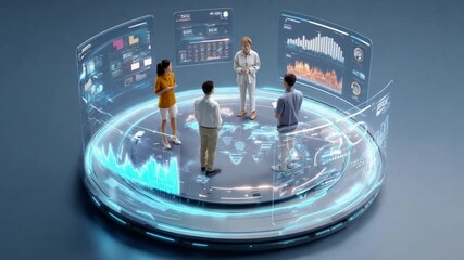 Visionary Collaboration: A team of professionals huddle, immersed in a holographic display of data and analytics, discussing the future and innovations. - Powered by Adobe