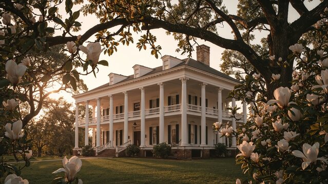 Mansion standing on estate lawn under golden sunset light, with white columns and magnolia blossoms - Powered by Adobe