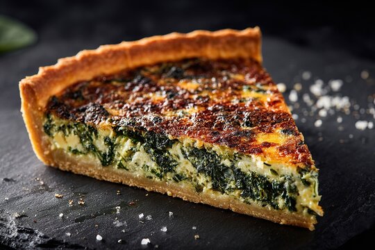 A slice of savory spinach and cheese quiche on a dark slate plate