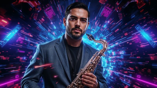 Holding gold tenor saxophone, musician wearing navy blazer standing in neon stage, glowing shapes