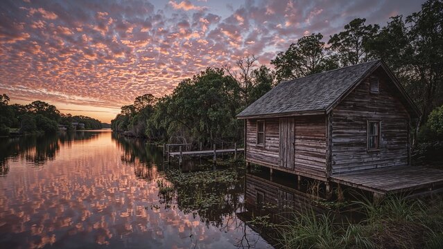 Standing wooden boathouse on stilts with dock at rural riverside, reflecting sunset sky, copy space - Powered by Adobe