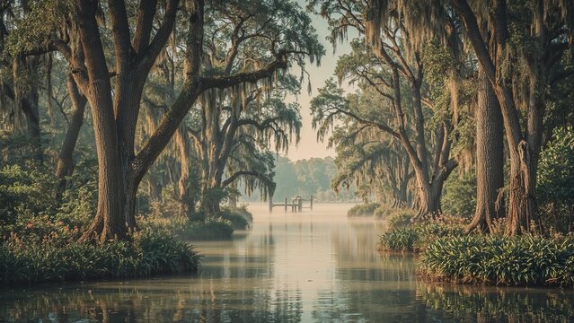 Meandering water channel reflecting live oak trees and mist in bayou, with small wooden dock