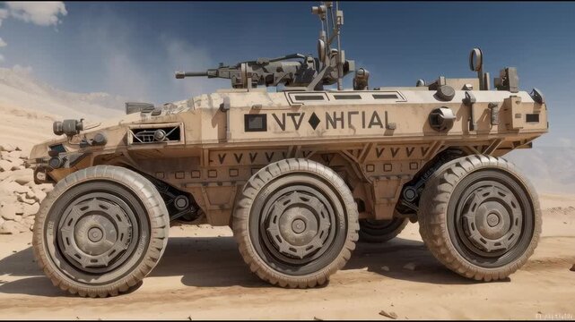 A heavily armored, unmanned ground vehicle (UGV) patrolling a desolate landscape. It's equipped with multiple sensor arrays, a heavy machine gun, and a sleek, low-profile design for stealth.