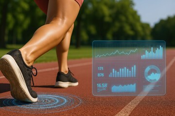 A determined runner strides forward on a vibrant athletic track, surrounded by lush greenery while digital metrics enhance their performance through augmented reality technology.