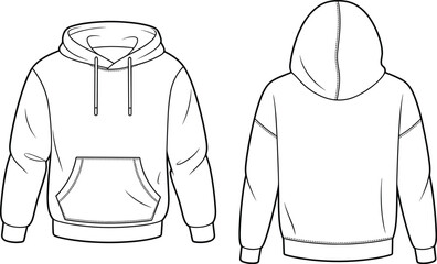 Flat vector hoodie sketch, front and back, fashion template, pullover sweatshirt with hood, drawstring, cuffs, pocket, technical illustration