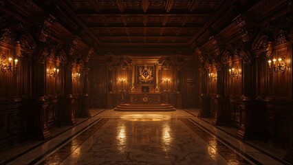 Central raised platform displaying Masonic emblem in lodge, columns, marble floor lit by candelabra