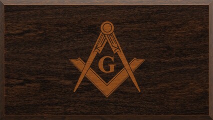 Displaying golden Masonic square and compasses with letter G on wooden plaque mounted on wall