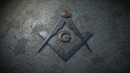 Displaying Freemasonry emblem lying on grey slab, with steel square and compass around brass G