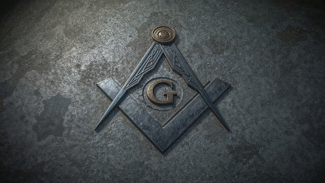 Displaying Freemasonry emblem lying on grey slab, with steel square and compass around brass G